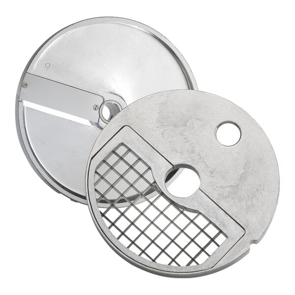 An Edlund dicing and slicing disc kit with a circular metal disc with holes and a circular metal blade.