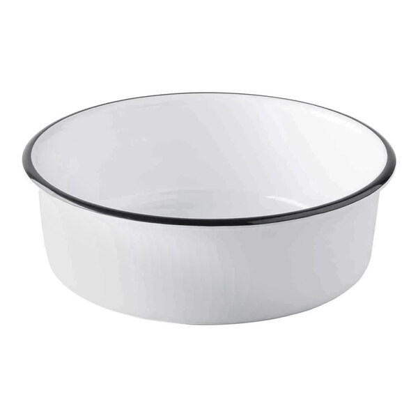 A Tablecraft white melamine bowl with black rim.