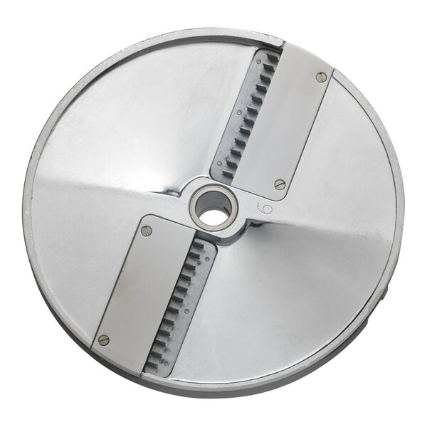 A circular metal Edlund VariCut Julienne disc with two blades and holes.
