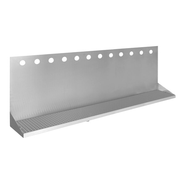 A stainless steel wall-mount beer drip tray with twelve faucet holes.