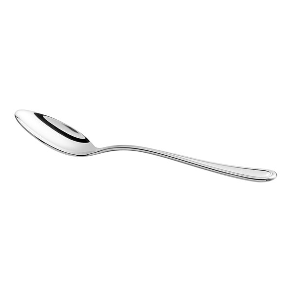A silver Acopa stainless steel dinner/dessert spoon with a round center.