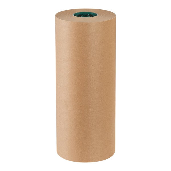 A close-up of a brown cylinder of Lavex Poly-Coated Kraft Packing Paper.