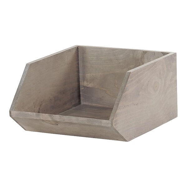 A gray wood merchandiser display bin with angled sides and an open front.