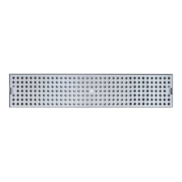 A rectangular stainless steel surface-mount beer drip tray with a perforated top and drain.