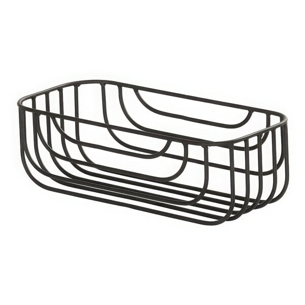 A black metal Madison wire basket with a handle on a counter.