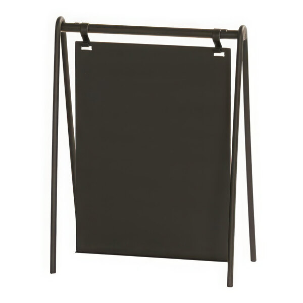 A black rectangular metal sign holder with black wires.