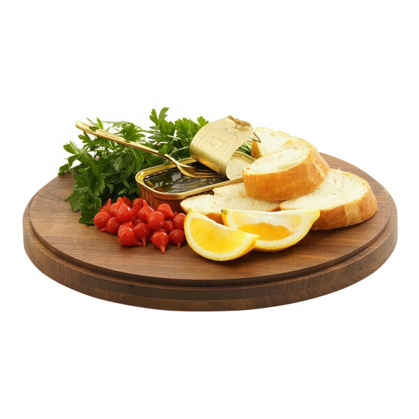 A piece of bread on a Cal-Mil walnut display stand with a slice of lemon.