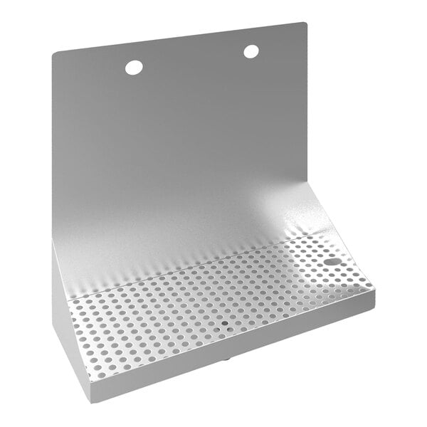 A stainless steel wall-mount beer drip tray with two faucet holes and a perforated surface.