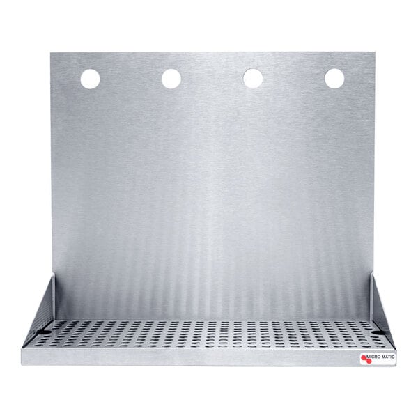 A stainless steel wall-mount beer drip tray with four faucet holes.
