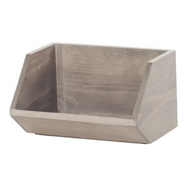 A wooden and metal merchandising bin with a triangular top and handle.