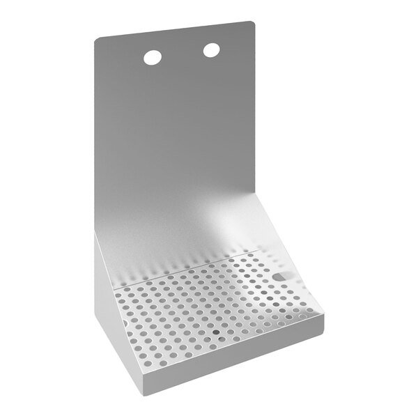 A stainless steel wall-mount beer drip tray with two faucet holes and a perforated surface for drainage.
