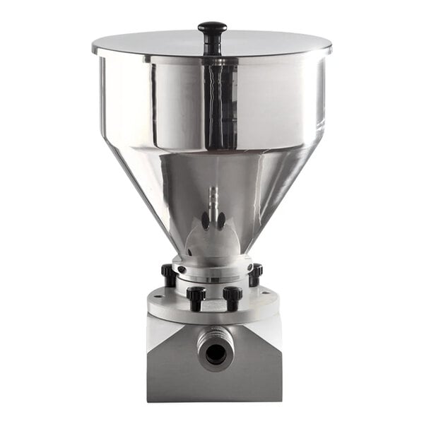 A silver stainless steel Pavoni hopper with a black handle and lid.