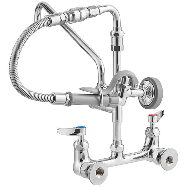 A T&S chrome wall-mounted pre-rinse faucet with a hose.