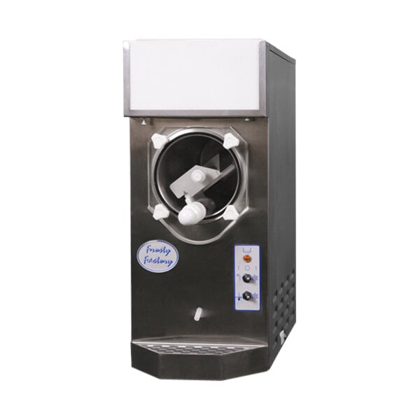 A Frosty Factory frozen cocktail machine with a white and blue label.