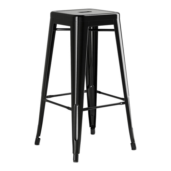 A Lancaster Table & Seating black metal backless barstool with a black square seat.