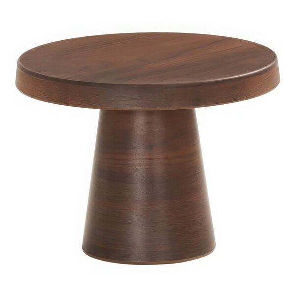 A round brown walnut cake pedestal with a white background.