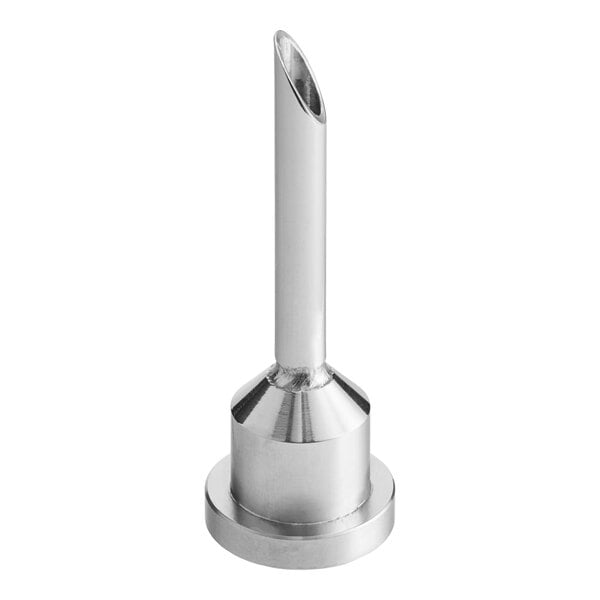 A stainless steel nozzle attachment for a pastry or donut filling machine.