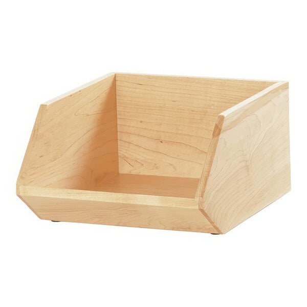 A blonde wood counter merchandising display with bins on top.