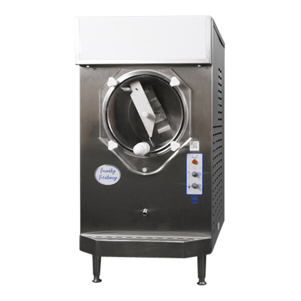 A Frosty Factory granita machine with 2 round dispensers and a round window on a stainless steel base.