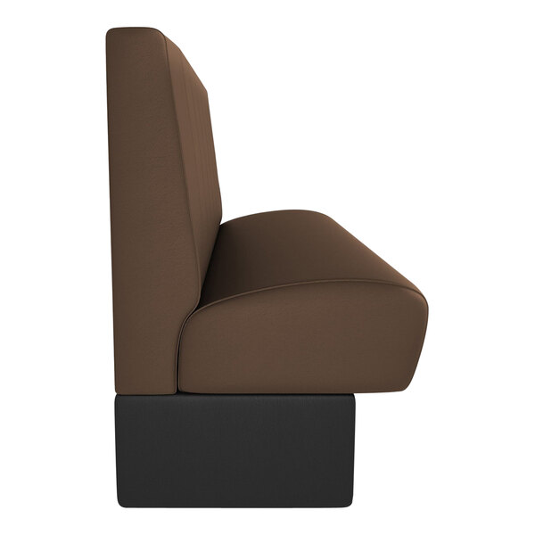 A brown and black booth with a brown leather bench and black legs.