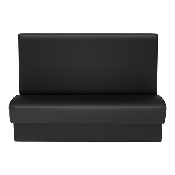A black upholstered restaurant booth with a high back and plain design.