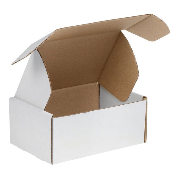 A white box with front locking tabs open.