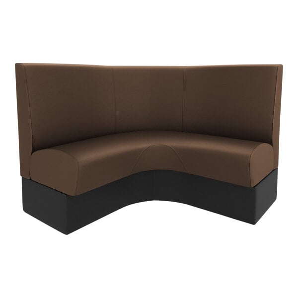 A brown and black curved corner booth with white background.