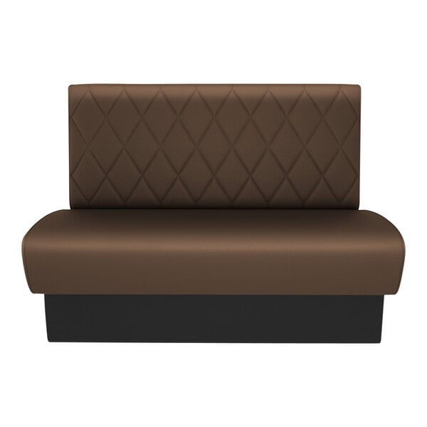 A brown leather booth with diamond tufting and black base.