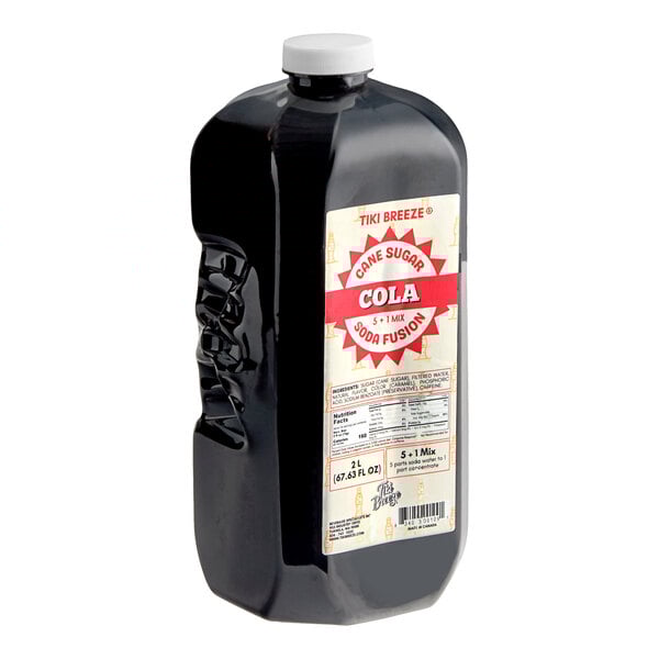 A close-up of a large plastic bottle of Tiki Breeze Pepper Cola Soda with a white cap.