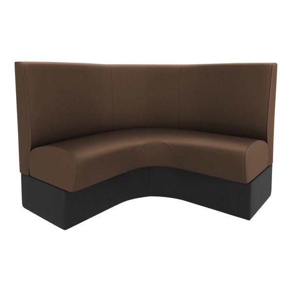 A brown and black curved booth with a white background.