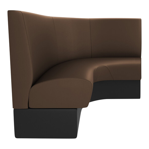 A brown leather curved sectional booth with black base.