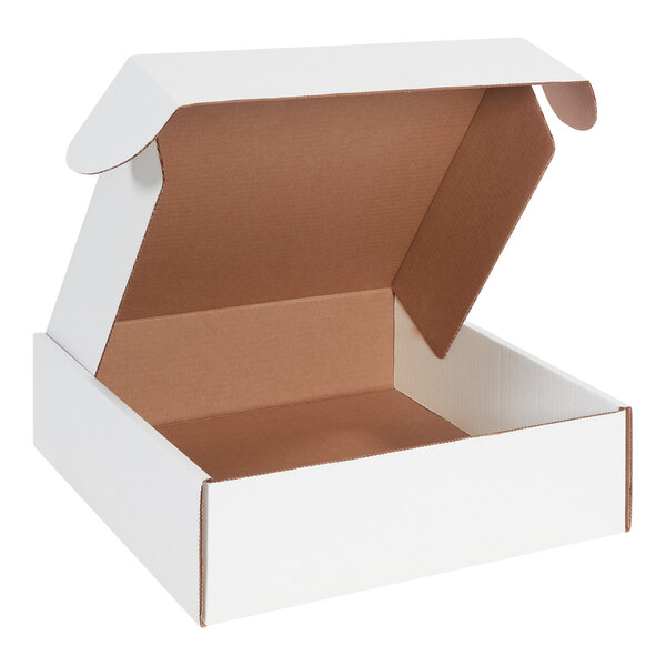 A white Lavex cardboard mailer box with locking tabs and a brown lid.
