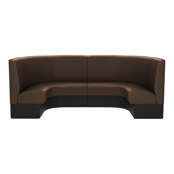 A brown and black curved cafe booth.