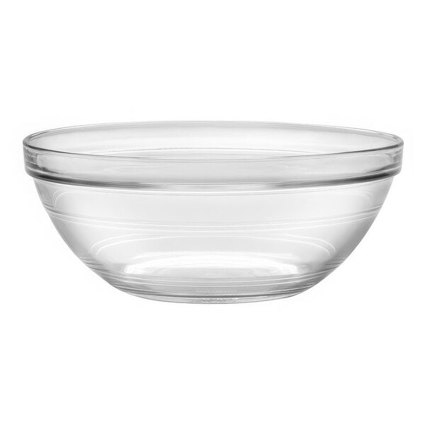 A case of 12 Duralex clear glass bowls with a rim.