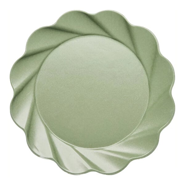 A close up of a Sophistiplate Simply Eco sage plant fiber dinner plate with a wavy design.