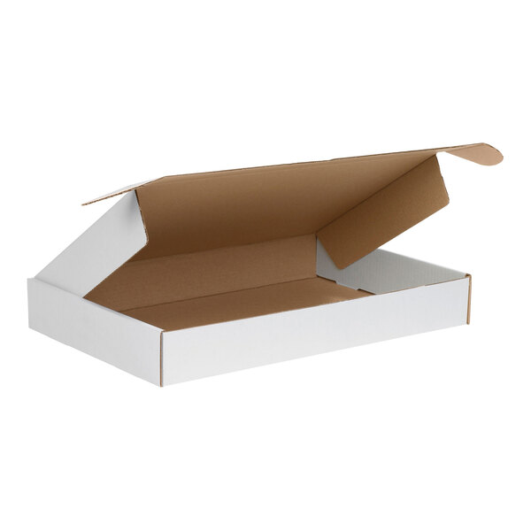 A white cardboard mailer with front locking tabs.