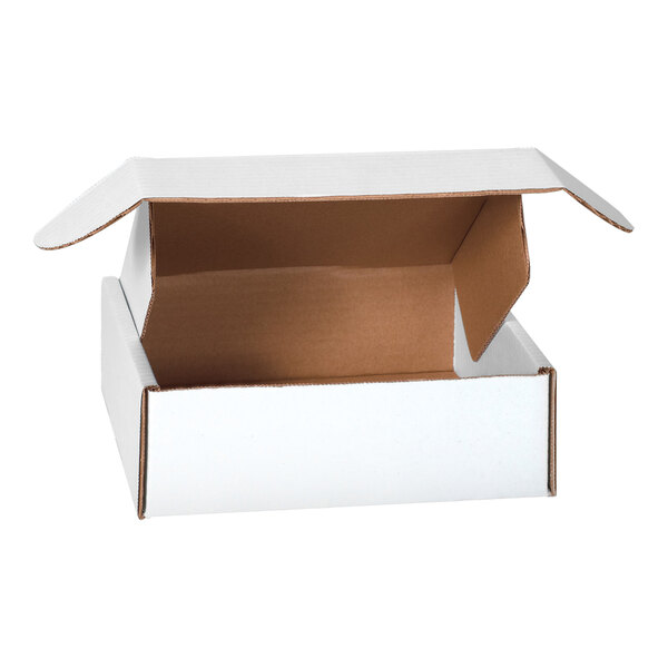 A close-up of a white Lavex corrugated mailer with front locking tabs.