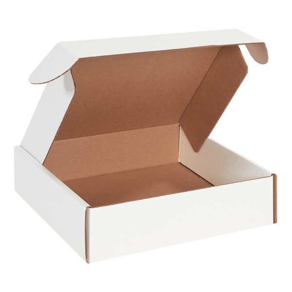 A white Lavex cardboard mailer box with locking tabs and a brown lid.