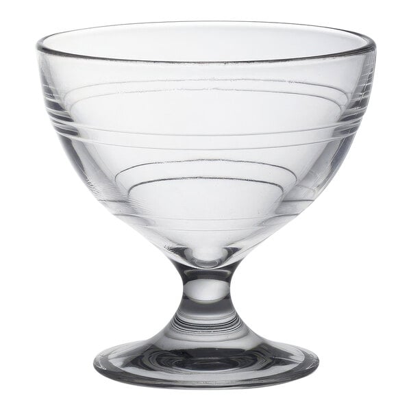 A clear glass Duralex dessert bowl with a curved rim.