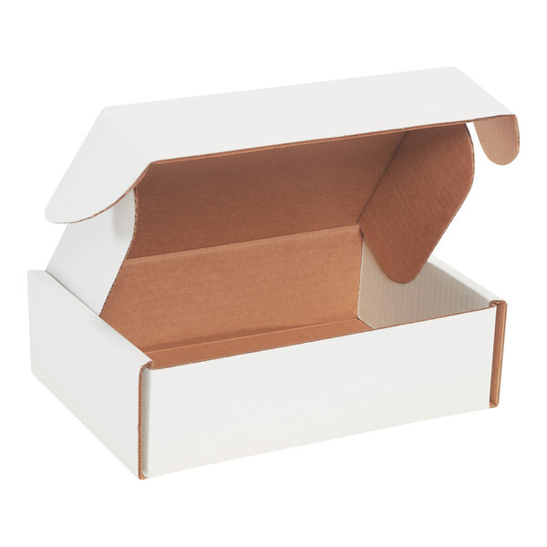 A close-up of a white Lavex corrugated mailer with front locking tabs open.