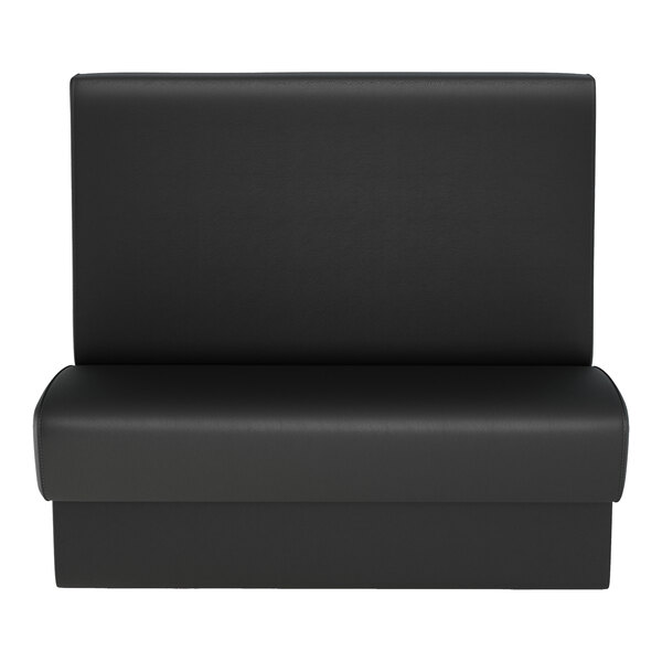 A black upholstered single back booth with a plain design and high backrest.