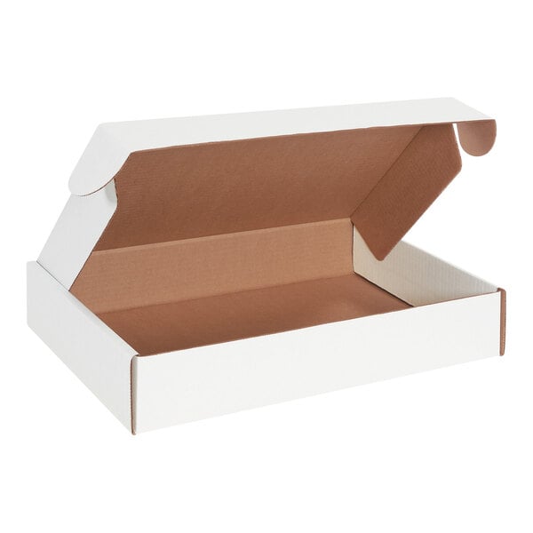 A white cardboard Lavex mailer box with front locking tabs open.