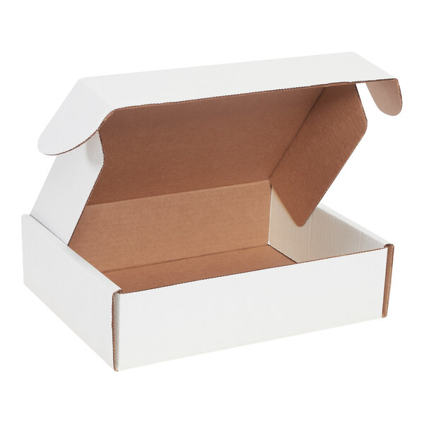 A white Lavex cardboard mailer box with a lid open.