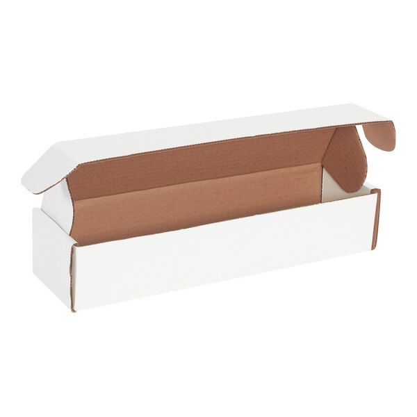 A close-up of a white Lavex cardboard mailer with locking tabs.
