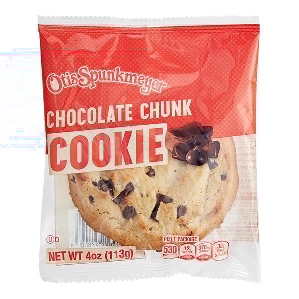 An Otis Spunkmeyer individually wrapped chocolate chunk cookie.
