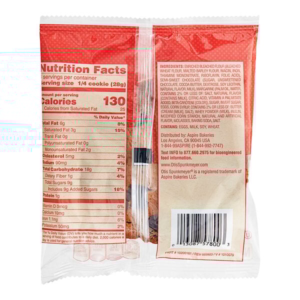 A close up of an Otis Spunkmeyer bag of individually wrapped chocolate chunk cookies.