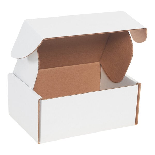 A white Lavex corrugated mailer with front locking tabs open.