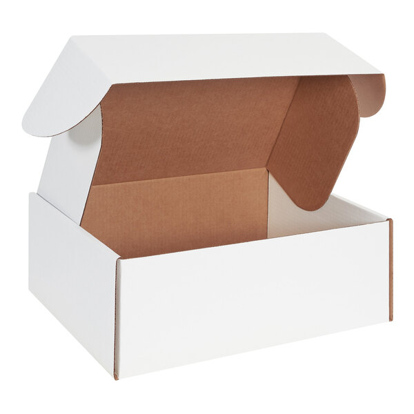 A white cardboard mailer with front locking tabs.