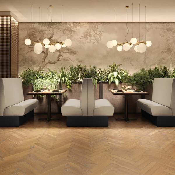 A 30-inch long, 42-inch high single back booth with fawn-colored upholstery, designed for restaurant seating.