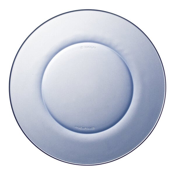 A white plate with a circular edge and a blue rim.